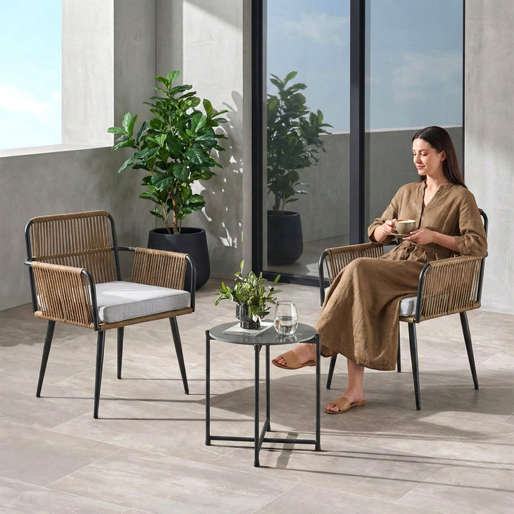 Susten Outdoor Patio Seating Set 2 Chairs and 1 Table Set (Tan) Braided & Rope