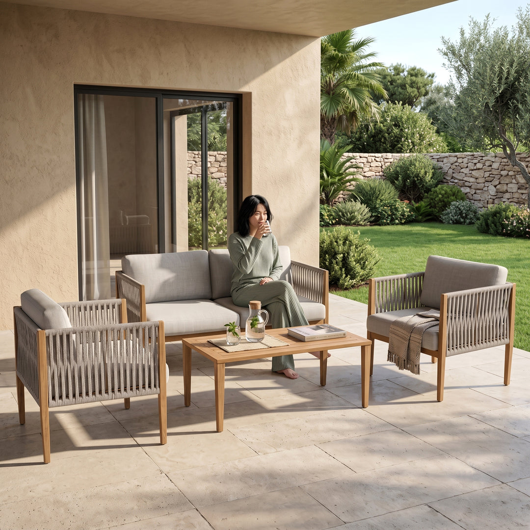 Luna Outdoor Garden Balcony Sofa Set 2 Seater , 2 Single Seater 1 Center Table Set (Grey) Braided and Rope