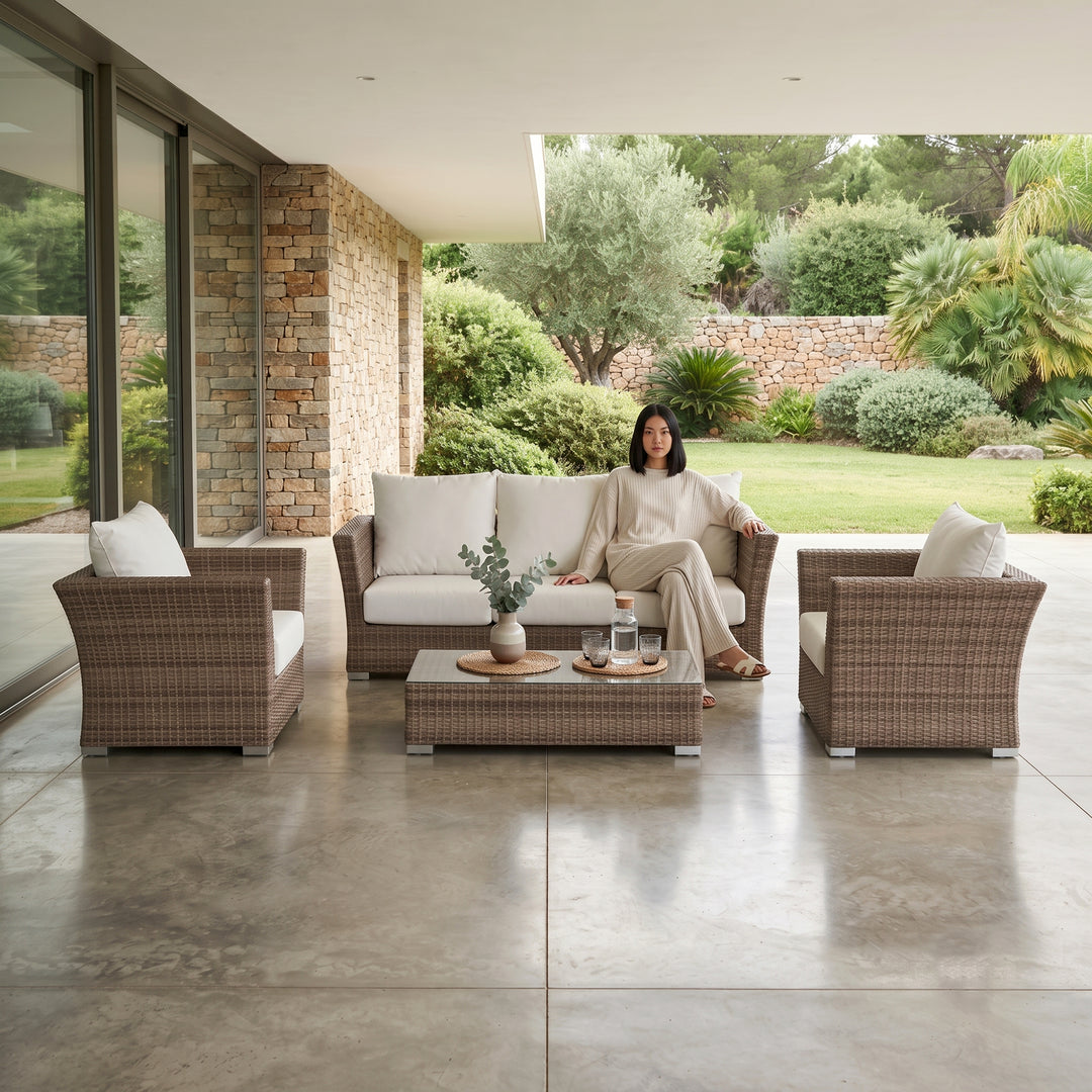 Noelia Outdoor Sofa Set 3 Seater , 2 Single seater and 1 Center Table (Brown + Cream)