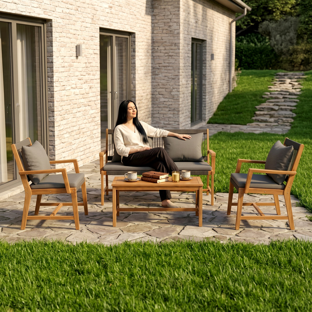 Folk Outdoor Garden Balcony Sofa Set 2 Seater , 2 Single Seater 1 Center Table Set (Black) Braided and Rope