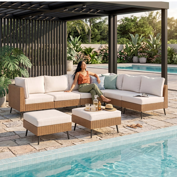 Ammar Outdoor Sofa Set 6 Seater and Single Seater with 2 Ottoman Set (Beige)