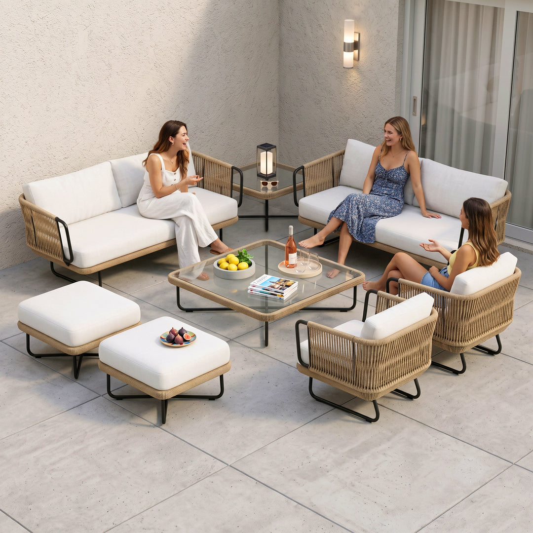 Hancy Outdoor Sofa Set 6 Seater , 2 Ottoman and 1 Center Table + 1 side table Set  (Tan + Beige) Braided & Rope