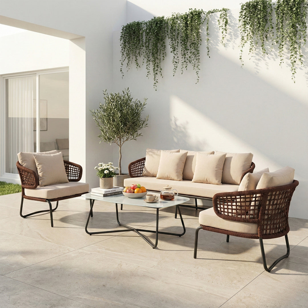 Riba Outdoor Sofa Set 3 Seater , 2 Single seater and 1 Center Table Set (Cream) Braided & Rope