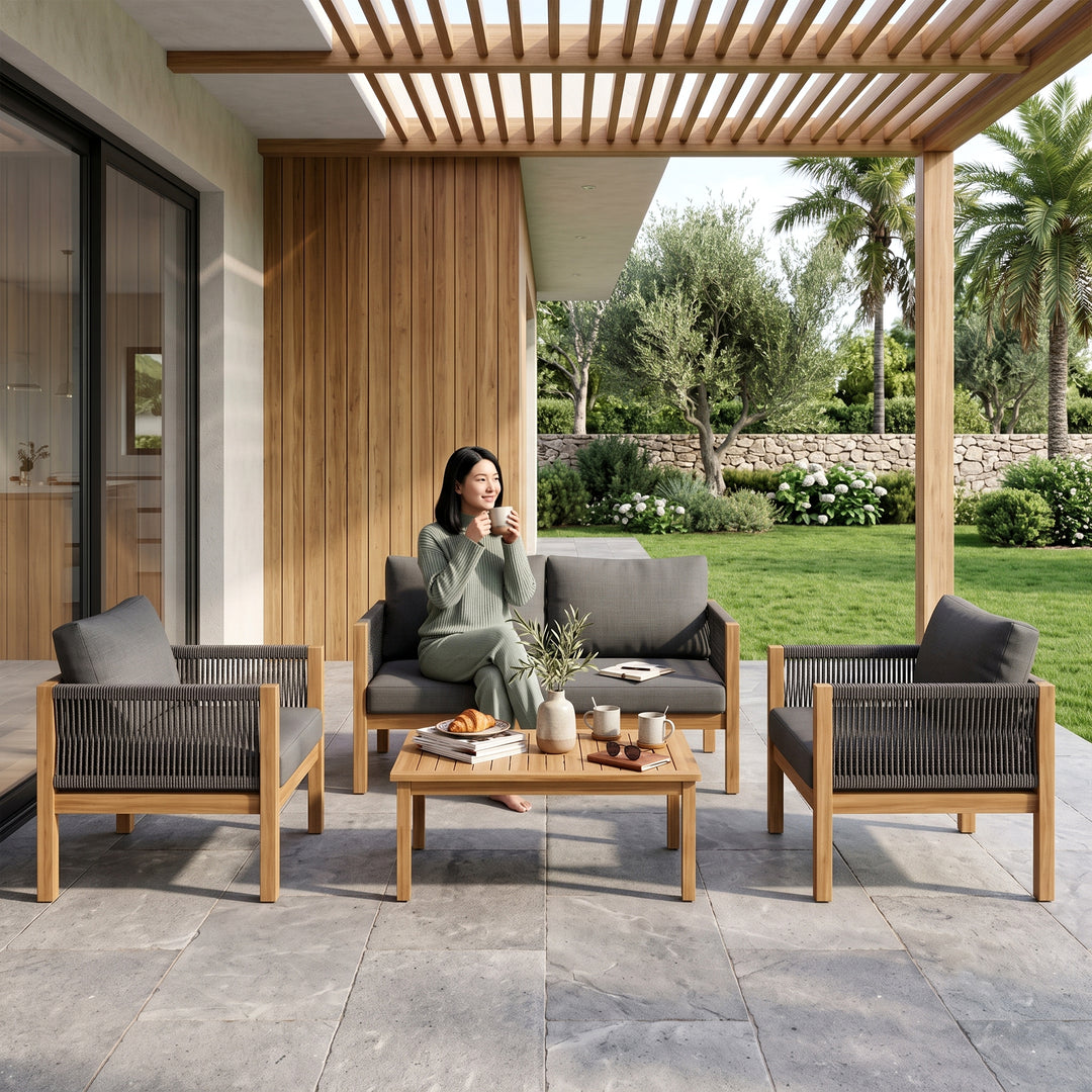 Loom Outdoor Garden Balcony Sofa Set 2 Seater , 2 Single Seater 1 Center Table Set (Grey) Braided and Rope