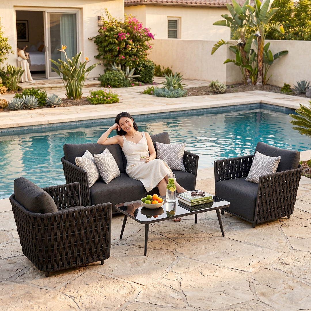 Deifilia Outdoor Sofa Set 2 Seater, 2 Single seater and 1 Center Table (Dark Grey) Braided & Rope
