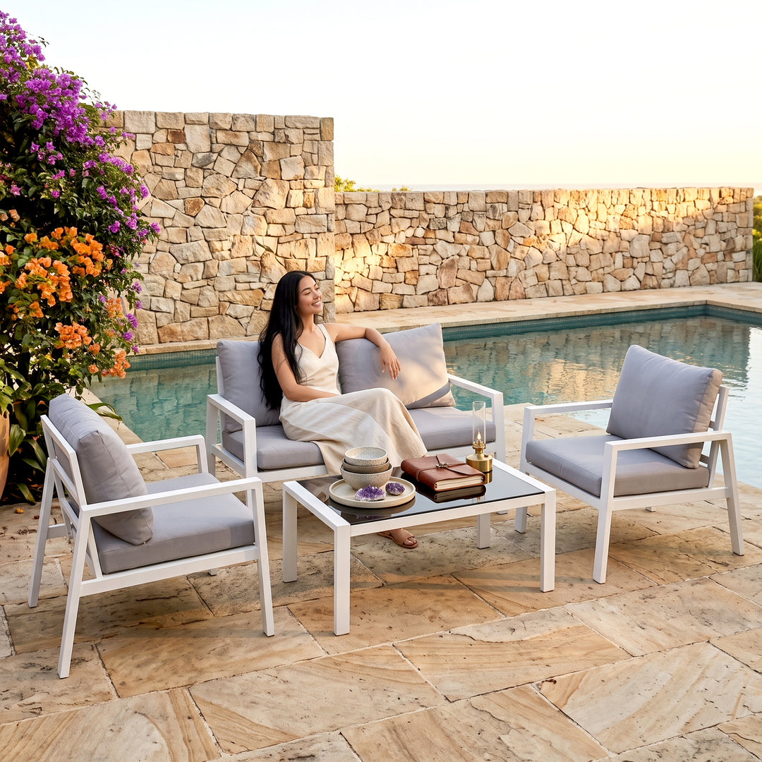 Dona Outdoor Sofa Set 2 Seater, 2 Single seater and 1 Center Table (White + Grey)