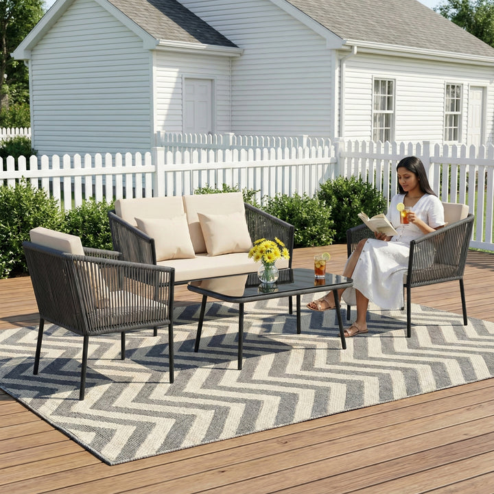 Parna Outdoor Garden Balcony Sofa Set 2 Seater , 2 Single Seater 1 Center Table Set Braided and Rope