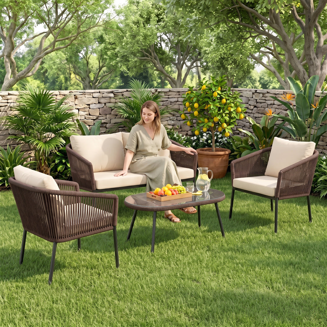 Puffen Outdoor Garden Balcony Sofa Set 2 Seater , 2 Single Seater 1 Center Table Set Braided and Rope