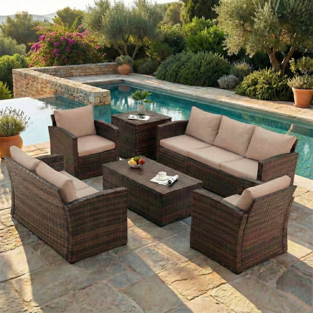 Coye Outdoor Garden Balcony Sofa Set 3 Seater, 2 Seater With 2 Single Seater and 1 Center Table With 1 Side Table Set (Brown)