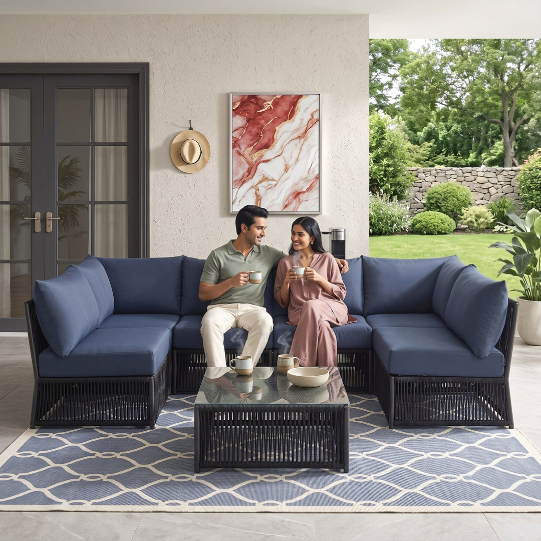 Jerez Outdoor Sofa Set 6 Seater and 1 Center Table Set Braided & Rope
