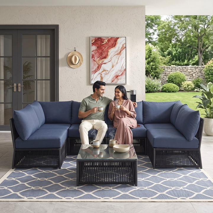 Jerez Outdoor Sofa Set 6 Seater and 1 Center Table Set Braided & Rope