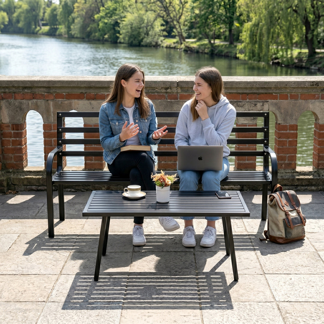 Carrillo Metal 2 Seater and 1 Table Garden Bench for Outdoor Park - (Black)