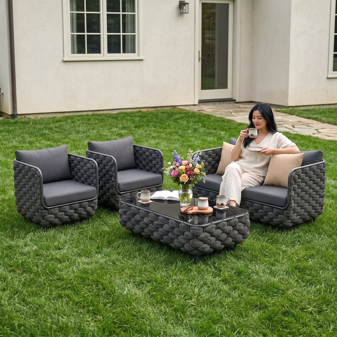 Fepel Outdoor Garden Balcony Sofa Set 2 Seater, 2 Single seater and 1 Center Table Set, Braid & Rope