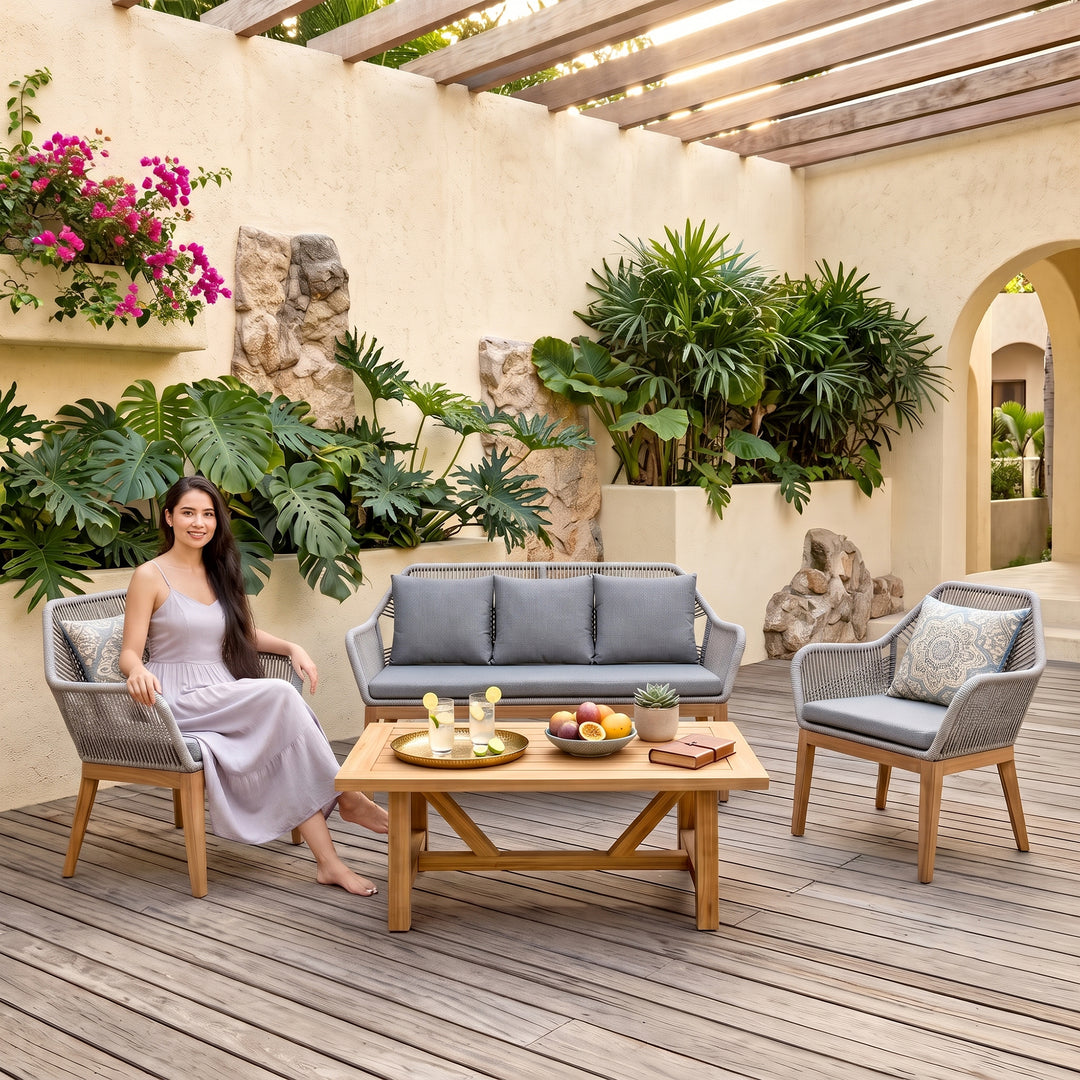 Zoa Outdoor Garden Balcony Sofa Set 2 Seater , 2 Single Seater 1 Center Table Set (Grey) Braided and Rope