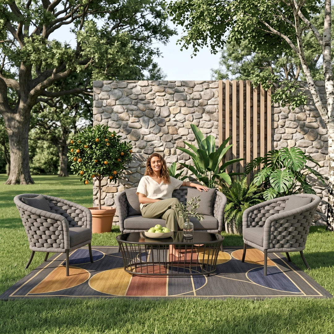Aero Outdoor Garden Balcony Sofa Set 2 Seater , 2 Single Seater 1 Center Table Set (Grey) Braided and Rope