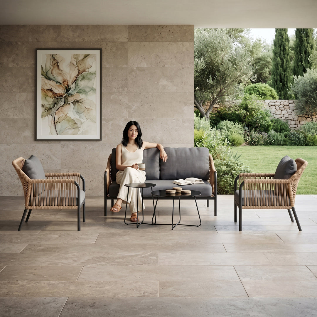 Morvos Outdoor Garden Balcony Sofa Set 2 Seater,2 Single seater and 2 Center Table Set (Beige)