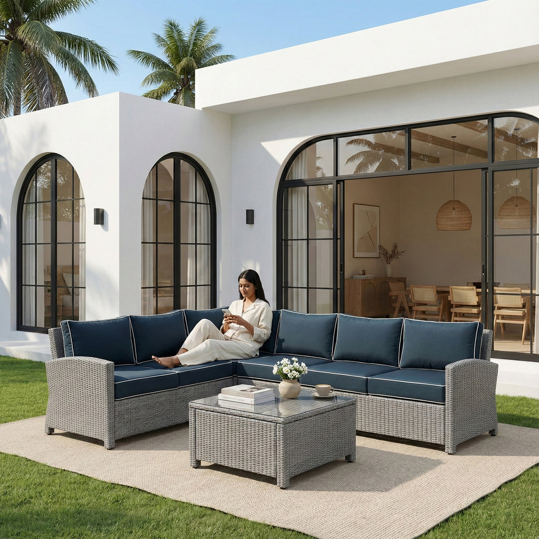 Estio  Outdoor Patio Sofa Set 4 Seater and 1 Table With 1 Ottoman Set (Grey)