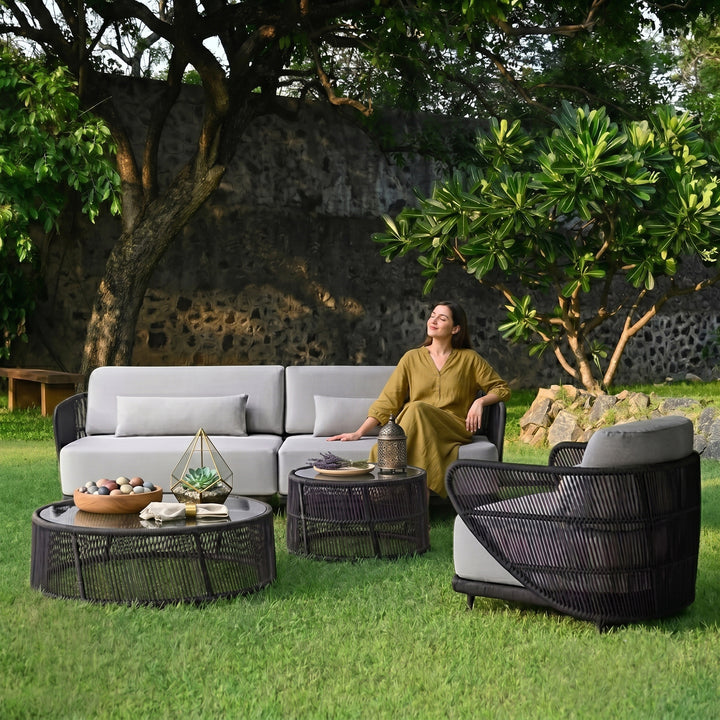 Zym Folk Outdoor Garden Balcony Sofa Set 3 Seater , 1 Single Seater 1 Center Table 1 Side Table Set (Grey) Braided and Rope