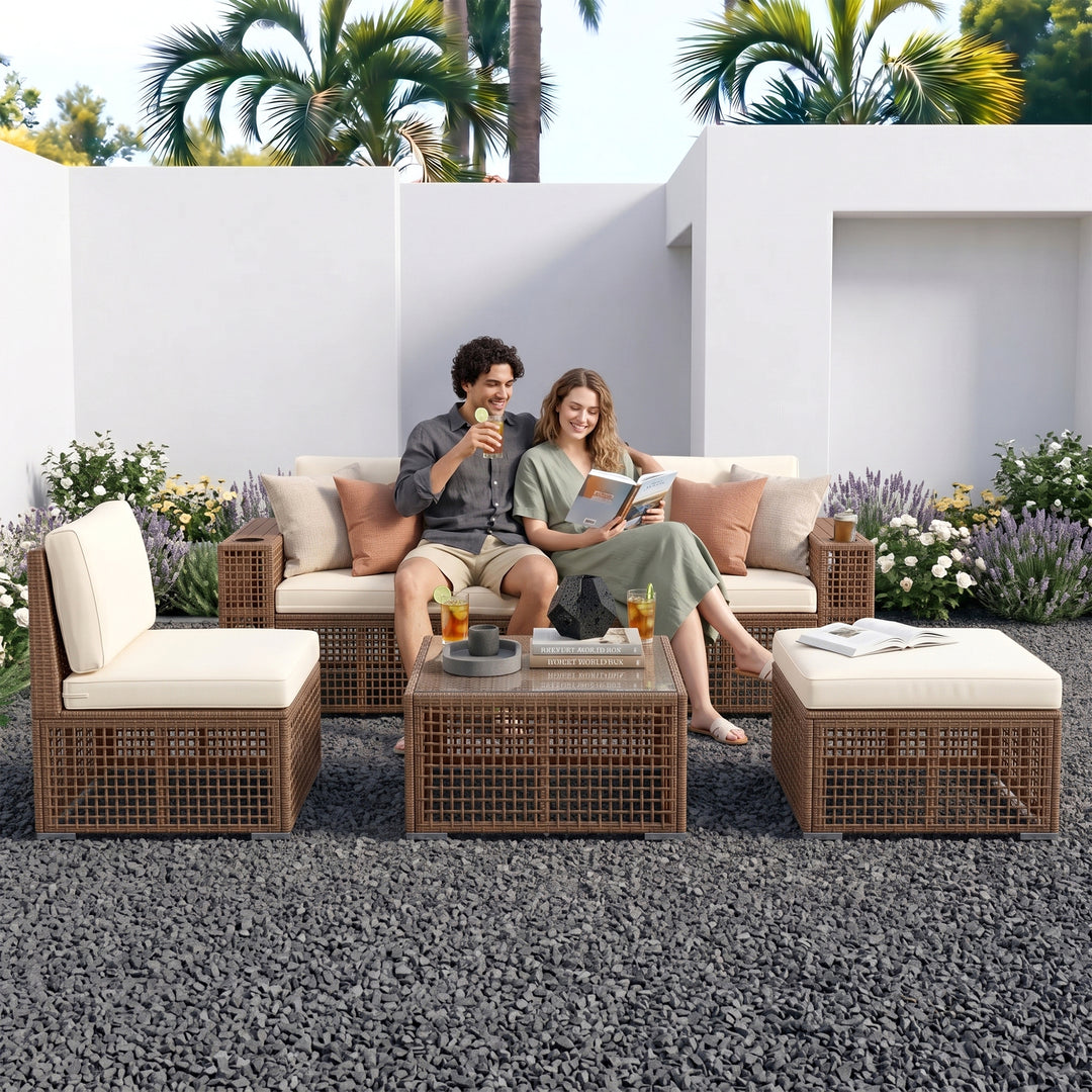 Nista Outdoor Patio Sofa Set 3 Seater 1 single seater and 1 Table With 1 Ottoman Set (Brown)