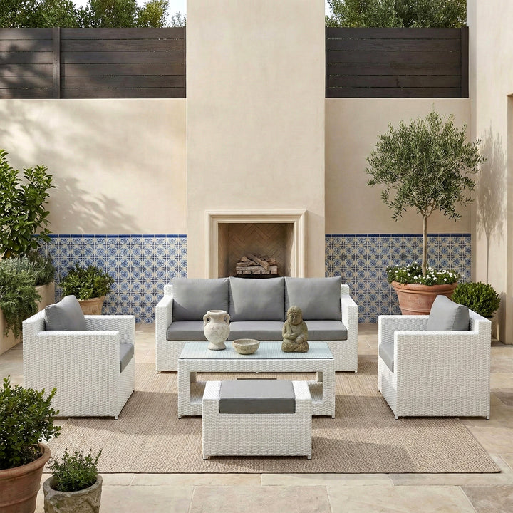 Nicholas Outdoor Sofa Set 3 Seater , 2 Single seater With Ottoman and 1 Center Table Set (White)