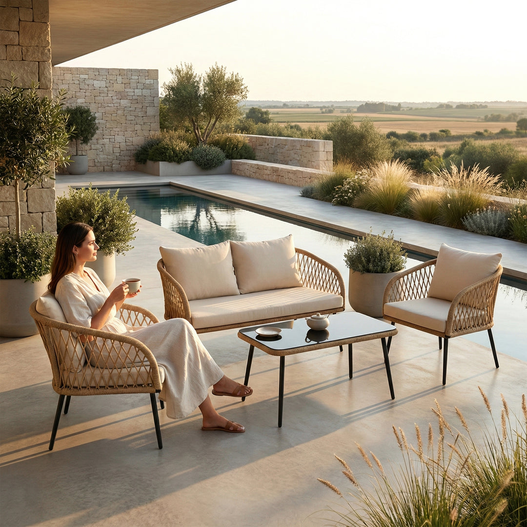 Kanto Outdoor Garden Balcony Sofa Set 2 Seater , 2 Single Seater 1 Center Table Braided and Rope