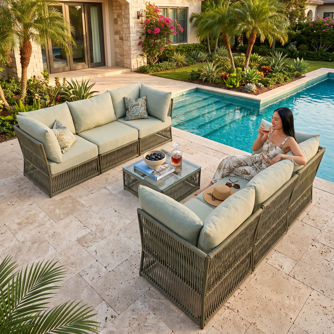 Chiquita Outdoor Sofa Set 6 Seater and 1 Center Table Set Braided & Rope
