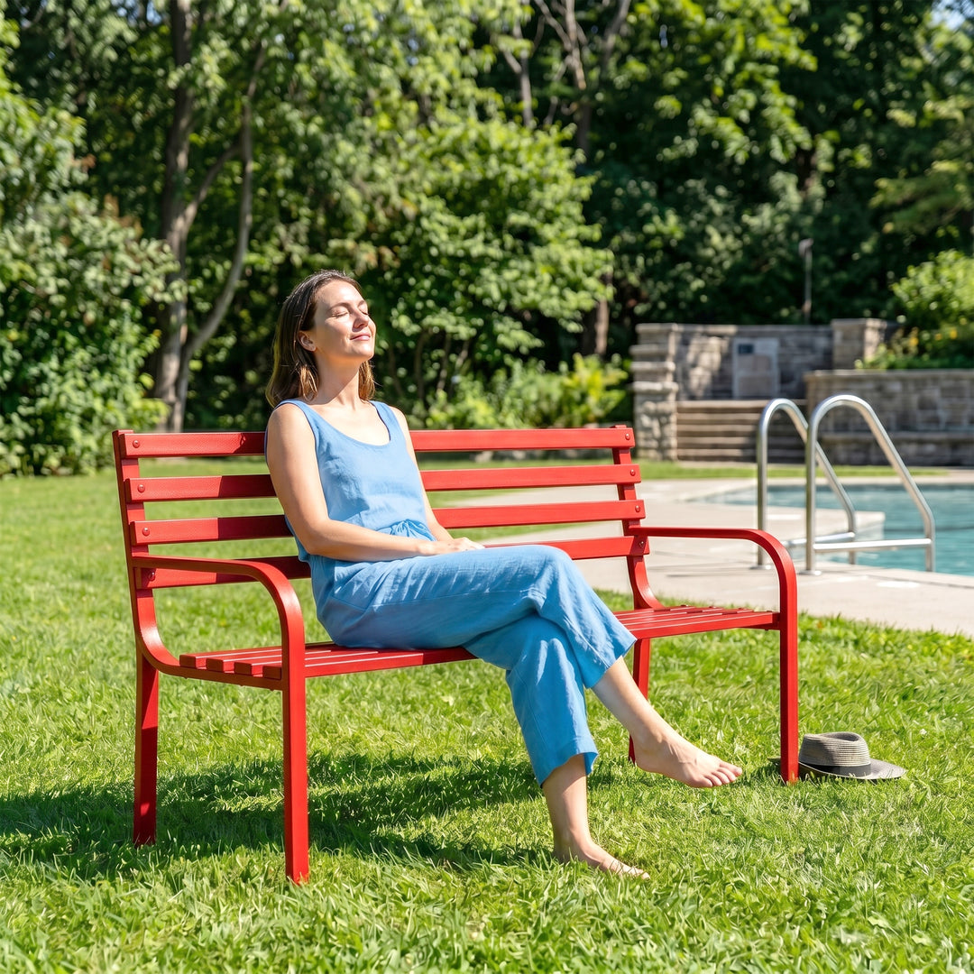 Clever Metal 3 Seater Garden Bench for Outdoor Park - (Red)