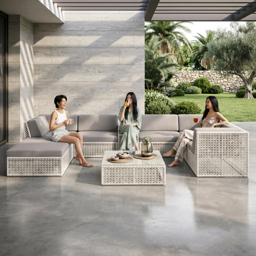 Ludovica Outdoor Patio Sofa Set 6 Seater , 1 Footstool , 1 Side table and 1 Center Table (White)
