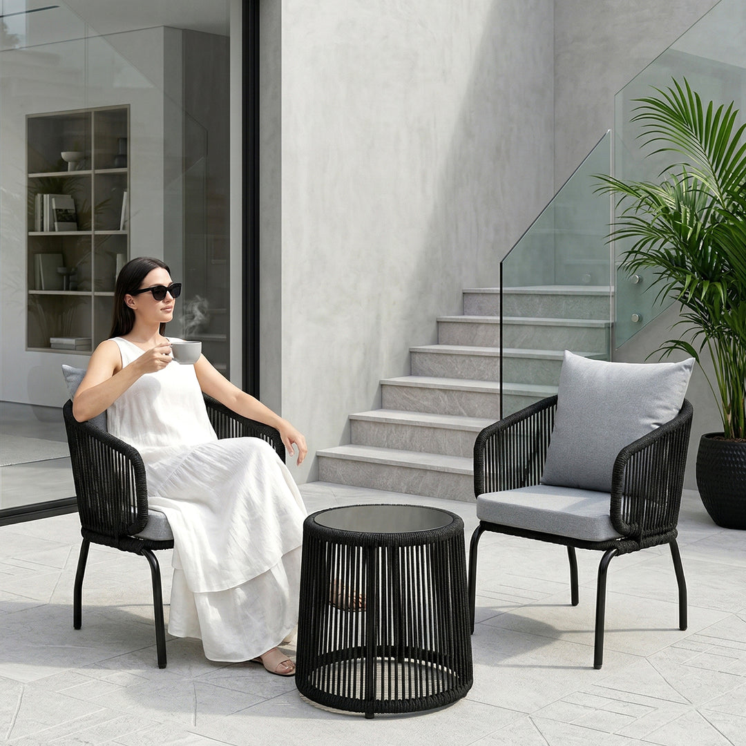 Luigi Outdoor Patio Seating Set 2 Chairs and 1 Table Set (Black) Braided & Rope