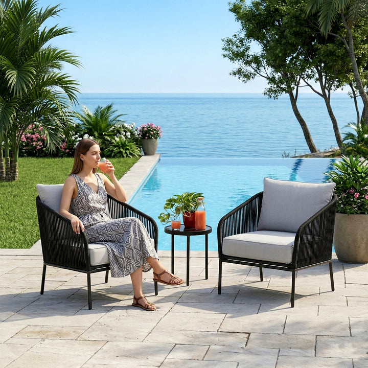 Alwin Outdoor Patio Seating Set 2 Chairs and 1 Table Set (Black) Braided And Rope