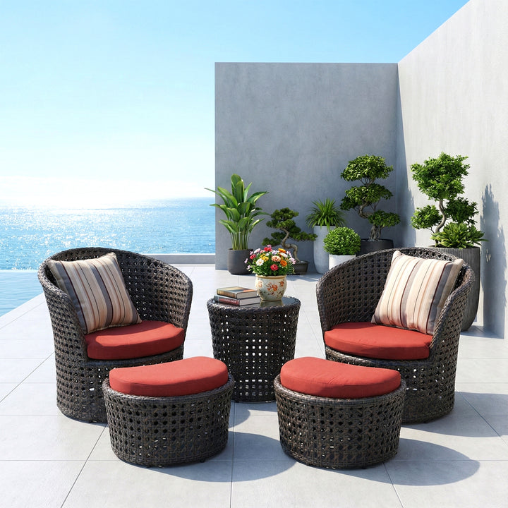Sinato Outdoor Patio Seating Set 2 Chair with 2 ottoman and 1 Table Set (Brown)