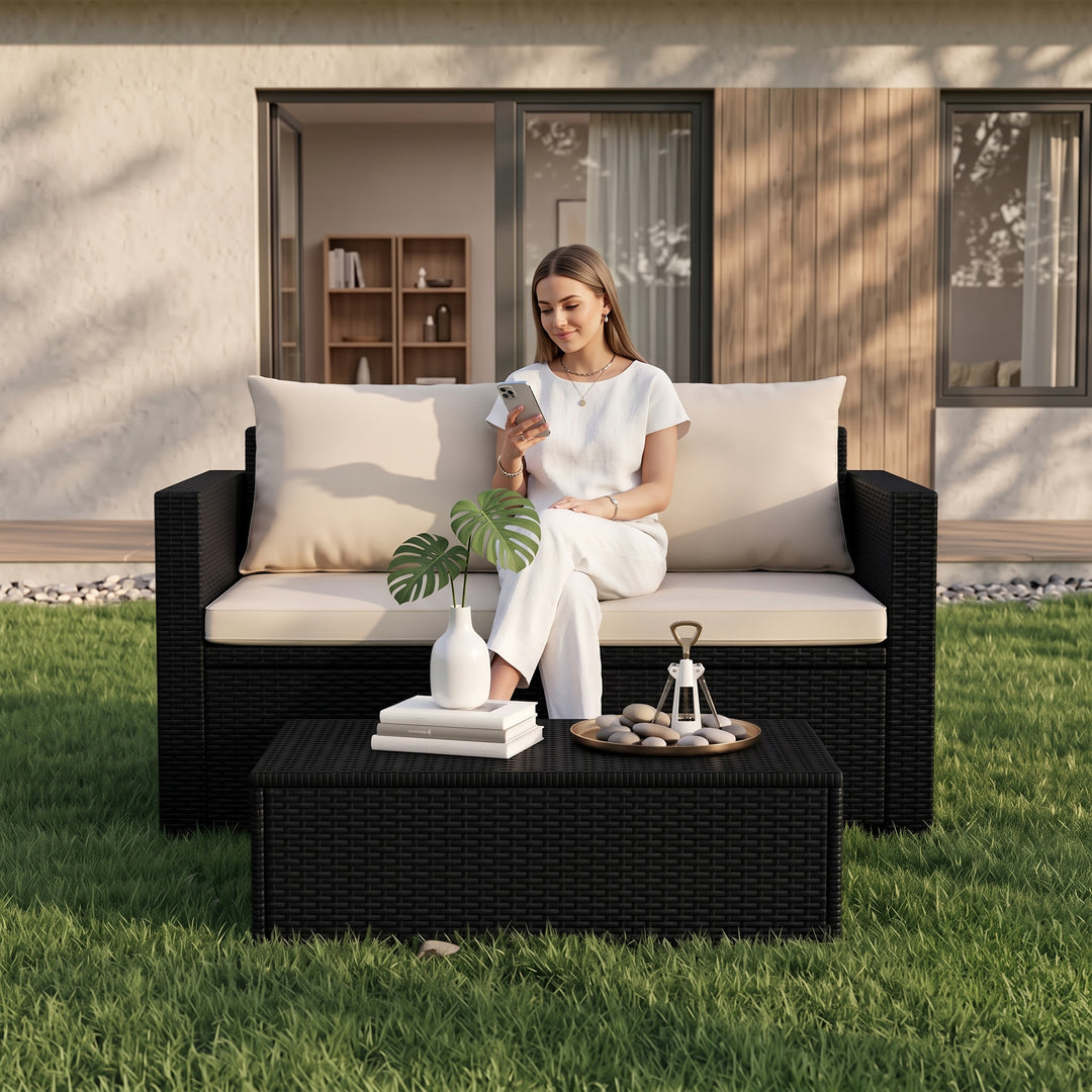 Girolamo Outdoor Sofa Set 2 Seater and 1 Center Table (Black + Beige)
