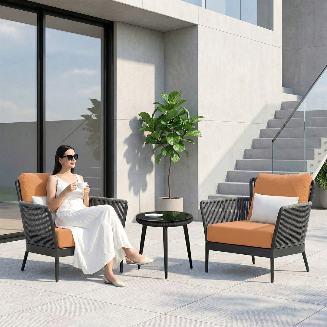 Tito Outdoor Patio Seating Set 2 Chairs and 1 Table Set (Grey) Braided & Rope