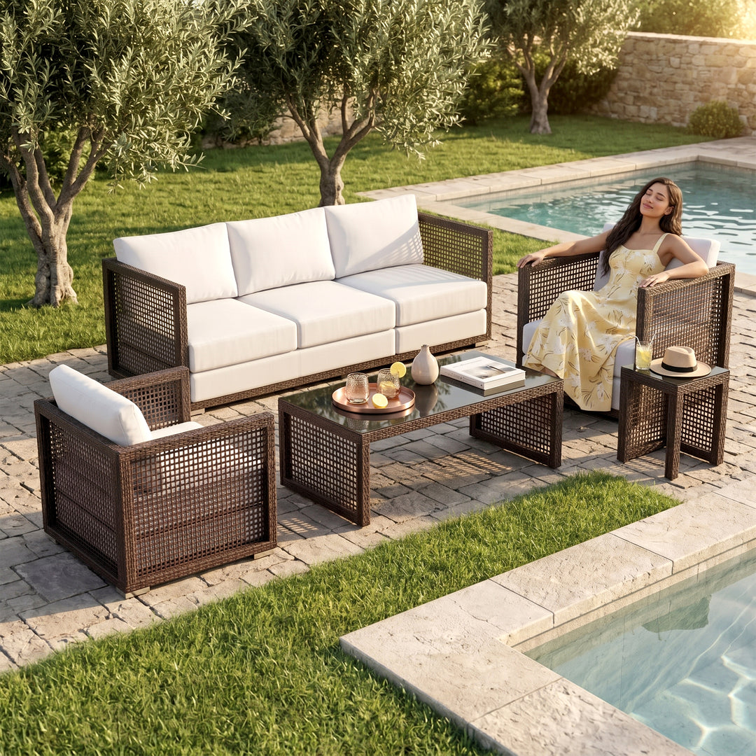 Coco Outdoor Sofa Set 3 Seater , 2 Single seater and 1 Center Table (Brown)