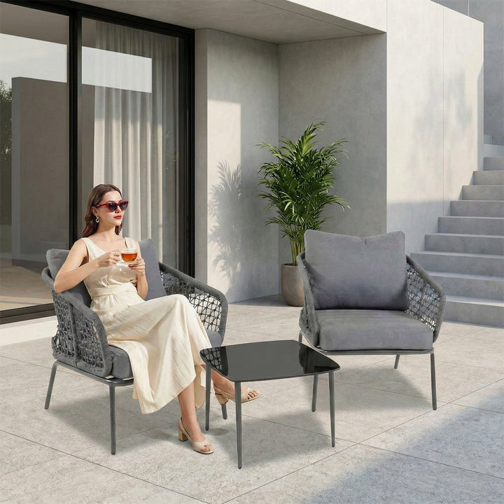 Filix Outdoor Patio Seating Set 2 Chairs and 1 Table Set (Grey) Braided & Rope