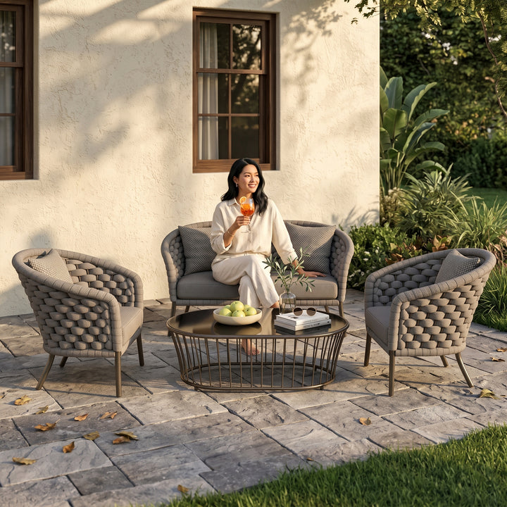 Aero Outdoor Garden Balcony Sofa Set 2 Seater , 2 Single Seater 1 Center Table Set (Grey) Braided and Rope