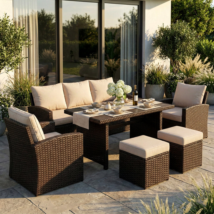 Umile Outdoor Garden Balcony Sofa Set 3 Seater, 2 Single seater, 2 Ottoman and 1 Center Table Conversation Set (Brown)