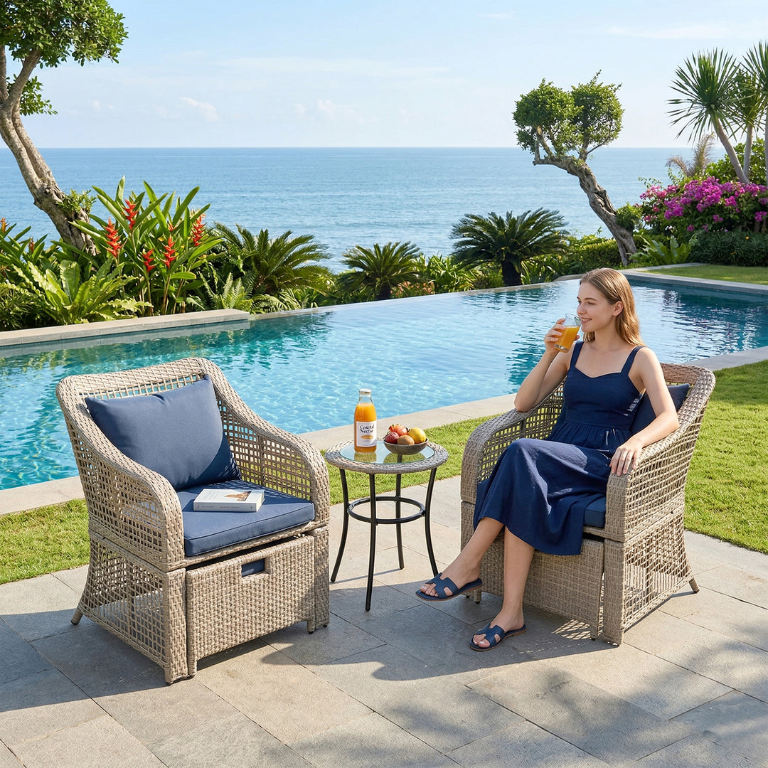 Chou OUTDOOR PATIO SEATING SET 2 CHAIRS 2 OTTOMAN AND TABLE SET (BROWN)