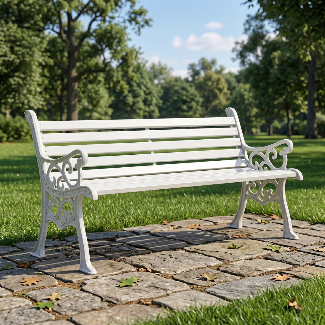 Kezia Cast Iron 3 Seater Garden Bench for Outdoor Park - (White)