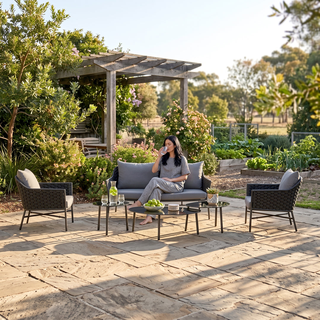 Lettiere Outdoor Garden Balcony Sofa Set 2 Seater, 2 Single Seater and 3 Tables Set (Grey)
