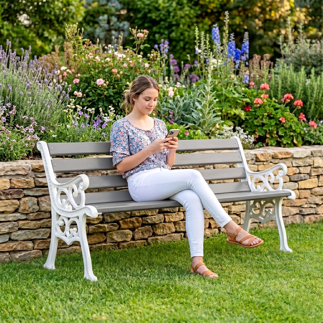 Eira Cast Iron 3 Seater FRP Garden Bench for Outdoor Park - (White + Grey)