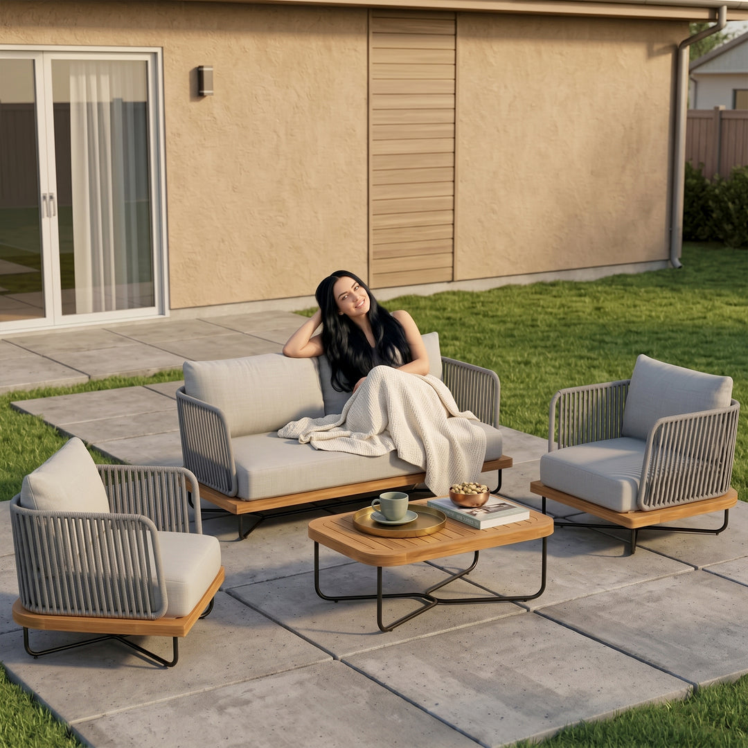 Eros Outdoor Garden Balcony Sofa Set 2 Seater , 2 Single Seater 1 Center Table Set Braided and Rope (Grey)