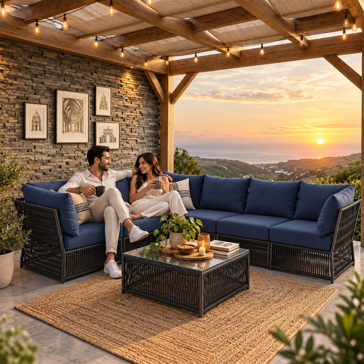 Jacobo Outdoor Sofa Set 6 Seater and 1 Center Table Set Braided & Rope