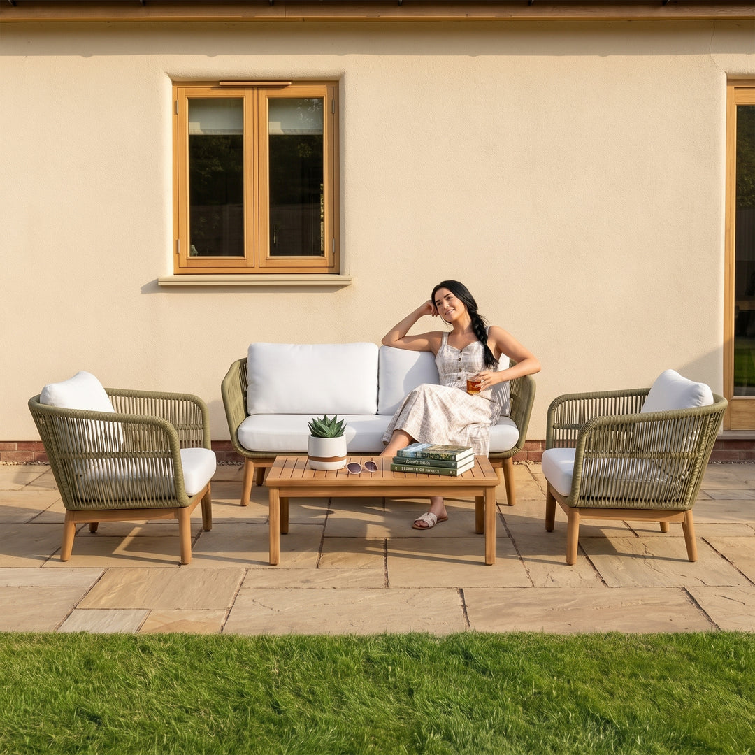 Gala Outdoor Garden Balcony Sofa Set 2 Seater , 2 Single Seater 1 Center Table Set (Cream) Teak Wood and Braided & Rope
