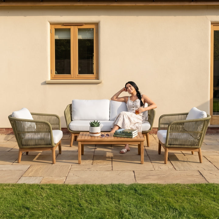 Gala Outdoor Garden Balcony Sofa Set 2 Seater , 2 Single Seater 1 Center Table Set (Cream) Teak Wood and Braided & Rope