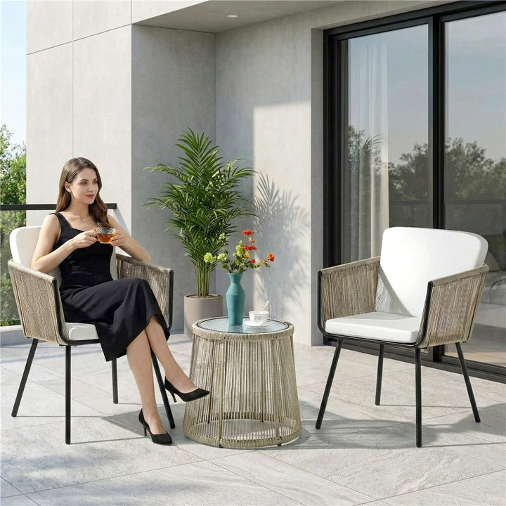 Rapid Outdoor Patio Seating Set 2 Chairs and 1 Table Set (Cream) Braided & Rope