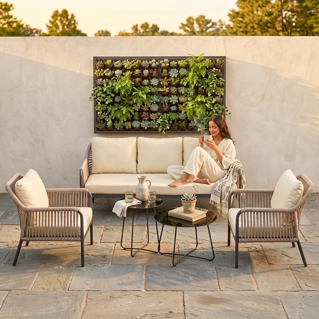 Jisax Outdoor Garden Balcony Sofa Set 3 Seater,2 Single seater and 2 Center Table Set (Beige) Braided and Rope