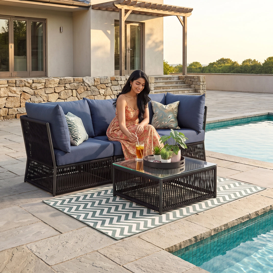 Adán Outdoor Sofa Set 3 Seater and 1 Center Table Set Braided & Rope