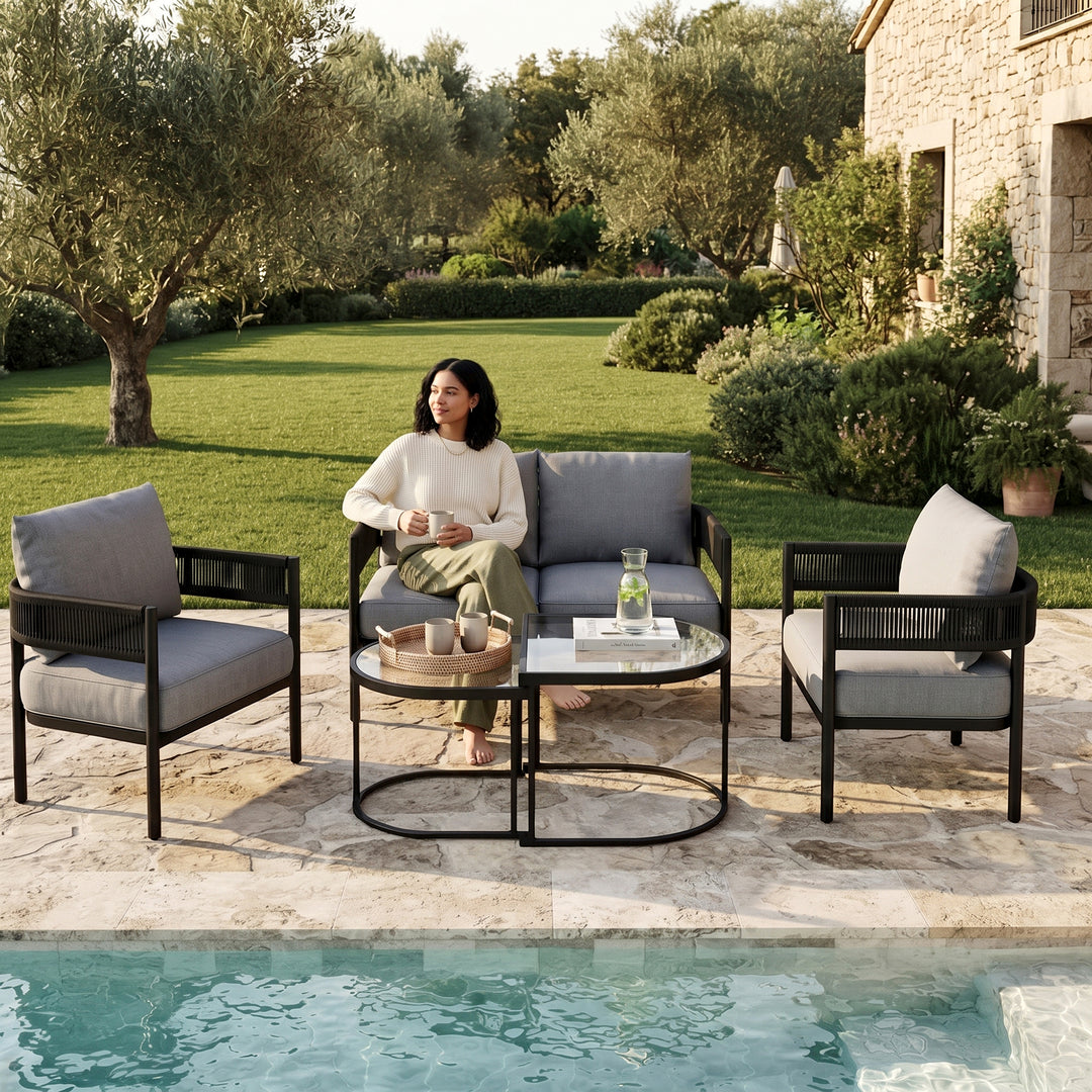 Perpetua Outdoor Sofa Set 2 Seater, 2 Single seater and 1 Center Table (Black)