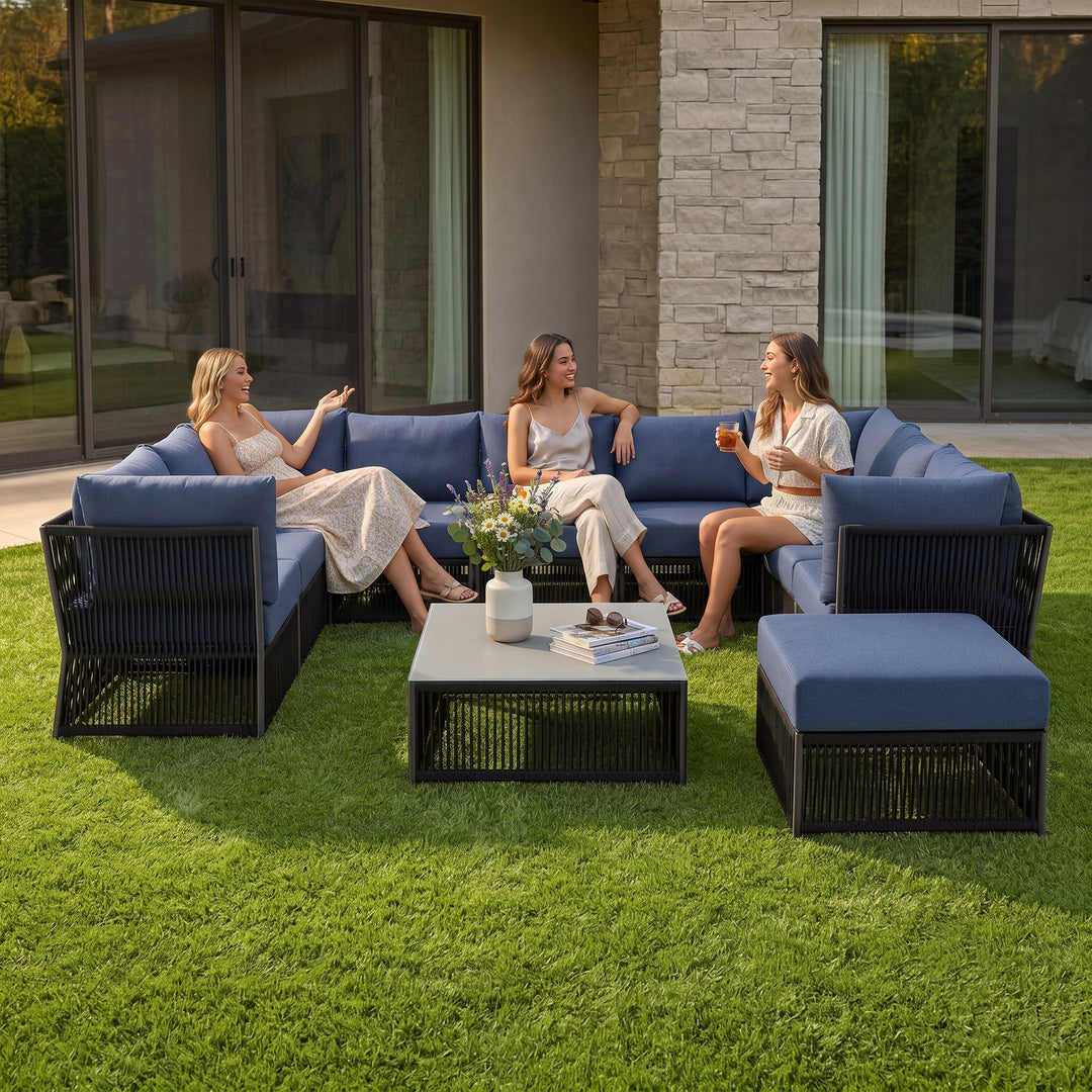 Griselda Outdoor Sofa Set 9 Seater, 1 Ottoman and 1 Center Table Set Braided & Rope